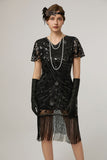Black Sheath Fringed Midi V-Neck 1920s Dress with Sequins