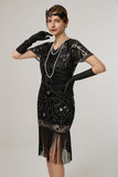 Black Sheath Fringed Midi V-Neck 1920s Dress with Sequins