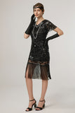 Black Sheath Fringed Midi V-Neck 1920s Dress with Sequins