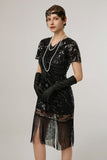 Black Sheath Fringed Midi V-Neck 1920s Dress with Sequins