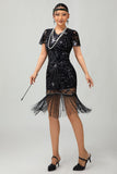 Sparkly Black Golden Gatsby Sequins Short 1920s Dress with Fringes