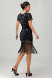 Sparkly Black Golden Gatsby Sequins Short 1920s Dress with Fringes