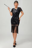 Sparkly Black Golden Gatsby Sequins Short 1920s Dress with Fringes