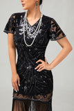 Sparkly Black Golden Gatsby Sequins Short 1920s Dress with Fringes