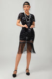 Sparkly Black Golden Gatsby Sequins Short 1920s Dress with Fringes