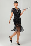 Sparkly Black Golden Gatsby Sequins Short 1920s Dress with Fringes