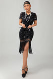 Sparkly Black Golden Gatsby Sequins Short 1920s Dress with Fringes