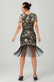 Sparkly Black Golden Gatsby Sequins Short 1920s Dress with Fringes