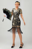 Sparkly Black Golden Gatsby Sequins Short 1920s Dress with Fringes