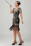 Sparkly Black Golden Gatsby Sequins Short 1920s Dress with Fringes