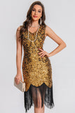 Sparkly Black Golden Sequin Fringed 1920s Dress