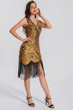 Sparkly Black Golden Sequin Fringed 1920s Dress