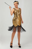 Sparkly Black Golden V Neck Bodycon 1920s Dress with Fringes