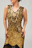 Sparkly Black Golden V Neck Bodycon 1920s Dress with Fringes