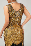 Sparkly Black Golden V Neck Bodycon 1920s Dress with Fringes