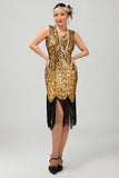 Sparkly Black Golden V Neck Bodycon 1920s Dress with Fringes