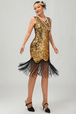 Sparkly Black Golden V Neck Bodycon 1920s Dress with Fringes