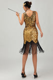 Sparkly Black Golden V Neck Bodycon 1920s Dress with Fringes