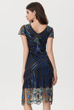 Sparkly Black Blue Sheath Sequins V-Neck 1920s Dress