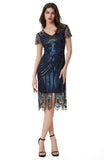 Sparkly Black Blue Sheath Sequins V-Neck 1920s Dress