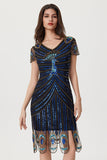 Sparkly Black Blue Sheath Sequins V-Neck 1920s Dress