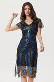 Sparkly Black Blue Sheath Sequins V-Neck 1920s Dress