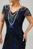 Sequin Black Blue 1920s Bodycon Gatsby Dress with Short Sleeves