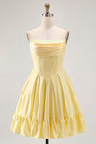A-Line Sunshine Yellow Strapless Corset Mini Homecoming Dress with Ruffles