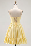 A-Line Sunshine Yellow Strapless Corset Mini Homecoming Dress with Ruffles