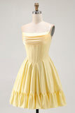A-Line Sunshine Yellow Strapless Corset Mini Homecoming Dress with Ruffles