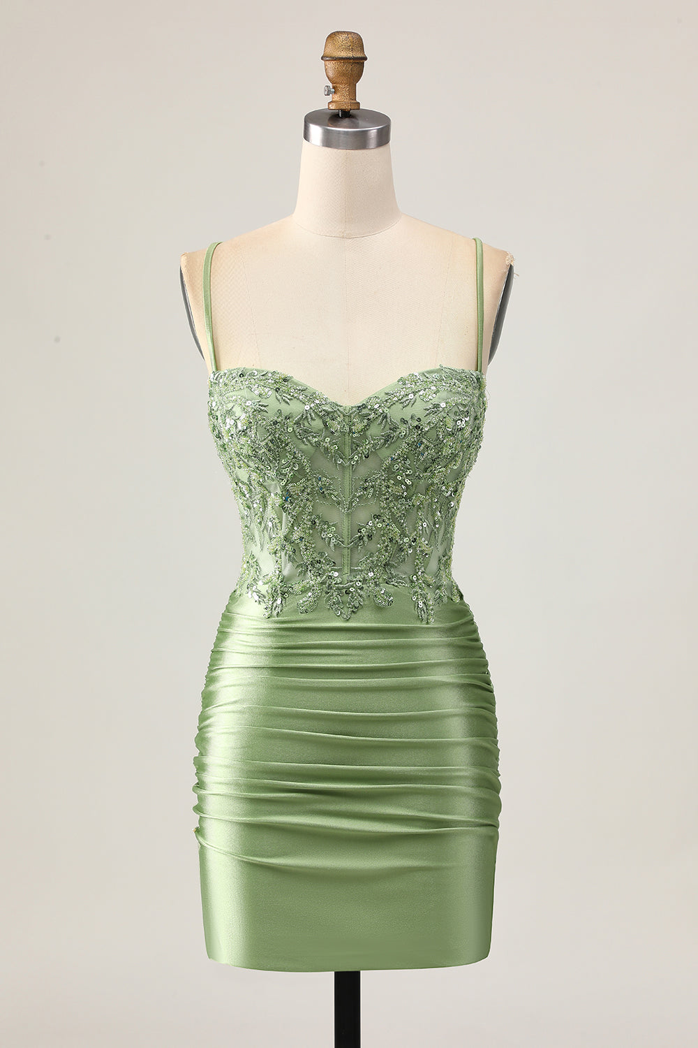 WEDTREND Women Sage Green Homecoming Dress Sequins Bodycon Ruched Lace Up Back Spaghetti Straps Short Cocktail Dress with Appliques WEDTREND Women Sage Green Homecoming Dress Sequins Bodycon Ruched Lace Up Back Spaghetti Straps Short Cocktail Dress with Appliques