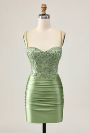 Sage Green Bodycon Sequins Ruched Short Homecoming Dress with Appliques