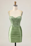 Sage Green Bodycon Sequins Ruched Short Homecoming Dress with Appliques