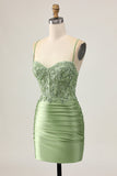 Sage Green Bodycon Sequins Ruched Short Homecoming Dress with Appliques