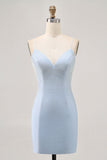Bodycon Spaghetti Straps Beaded Short Light Blue Homecoming Dress