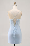 Bodycon Spaghetti Straps Beaded Short Light Blue Homecoming Dress