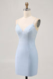 Bodycon Spaghetti Straps Beaded Short Light Blue Homecoming Dress