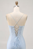 Bodycon Spaghetti Straps Beaded Short Light Blue Homecoming Dress