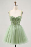 Green A Line Sequins Corset Tulle Short Homecoming Dress with Lace Up Back
