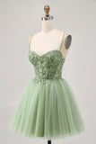 Green A Line Sequins Corset Tulle Short Homecoming Dress with Lace Up Back