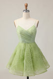 Green A Line Spaghetti Straps Backless Ruched Short Homecoming Dress