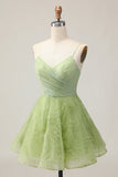Green A Line Spaghetti Straps Backless Ruched Short Homecoming Dress