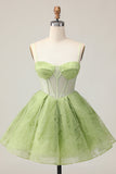 Green A Line Spaghetti Straps Sheer Corset Ruched Short Homecoming Dress