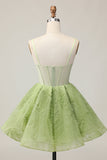 Green A Line Spaghetti Straps Sheer Corset Ruched Short Homecoming Dress