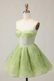 Green A Line Spaghetti Straps Sheer Corset Ruched Short Homecoming Dress