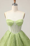 Green A Line Spaghetti Straps Sheer Corset Ruched Short Homecoming Dress