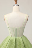 Green A Line Spaghetti Straps Sheer Corset Ruched Short Homecoming Dress