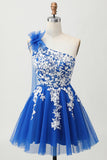 Royal Blue One Shoulder A-Line Tulle Short Homecoming Dress with Lace Up Back