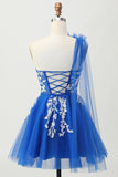 Royal Blue One Shoulder A-Line Tulle Short Homecoming Dress with Lace Up Back
