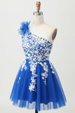 Royal Blue One Shoulder A-Line Tulle Short Homecoming Dress with Lace Up Back